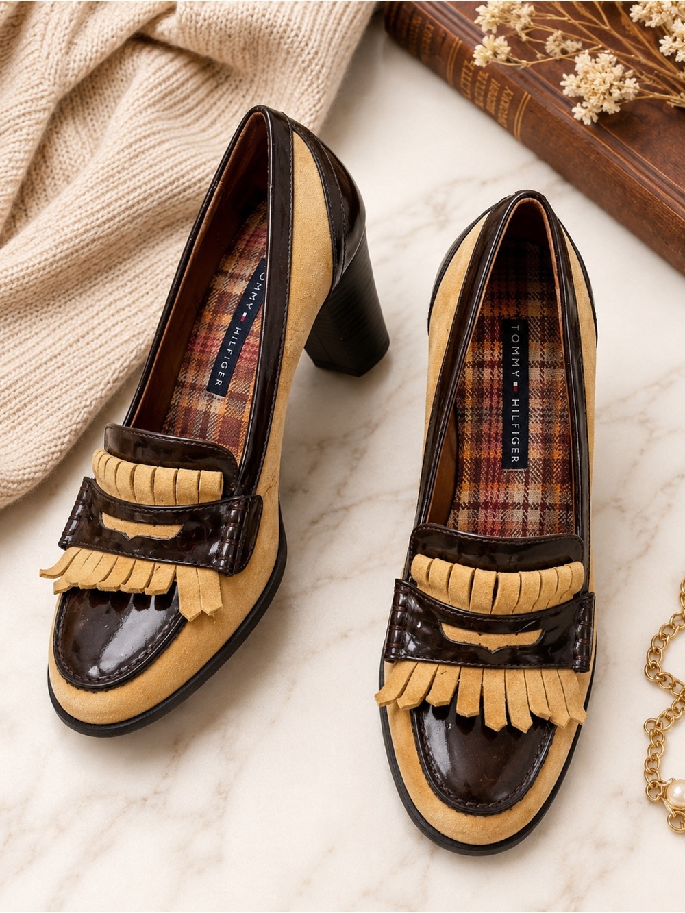 Tommy Hilfiger Women’s 5.5M Heeled Loafers Brown Tan Kiltie Fringe